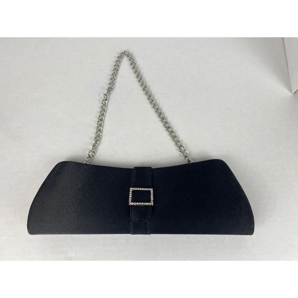 Black Satin Evening Clutch Bag Rhinestone Buckle Silver‎ Chain Strap Formal Bag